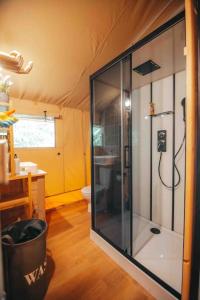 PenrhôsCosy Forest Lodge的帐篷内带玻璃淋浴间的浴室