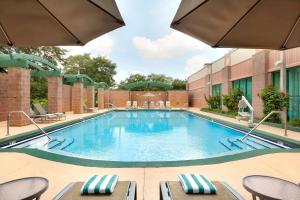 坦帕Embassy Suites by Hilton Tampa USF Near Busch Gardens的游泳池,带椅子和遮阳伞