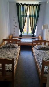克拉科夫Green Cat Rooms的客房设有两张床和一个带窗帘的窗户。