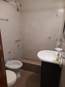 布宜诺斯艾利斯Barracas Charme的浴室配有盥洗盆、卫生间和浴缸。