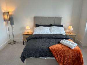 伦敦Luxurious two-bedroom flat with scenic views的一间卧室配有一张大床和两盏灯