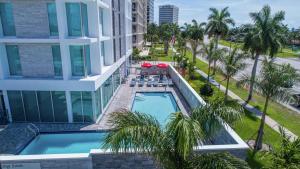 西棕榈滩Hilton Garden Inn West Palm Beach I95 Outlets的享有酒店空中景色,设有游泳池和棕榈树