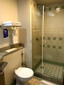 圣保罗Flat Live Lodge的一间带卫生间和玻璃淋浴间的浴室