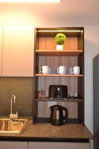 乌斯怀亚54 Diseño Urbano的厨房配有水槽和带微波炉的架子。