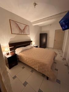 安达韦拉斯LUX - HOTEL BOUTIQUE的一间卧室配有床、两张桌子和一台电视