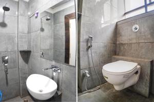NaiāpuraFabHotel Brij Residency的浴室设有卫生间和淋浴,两幅图片