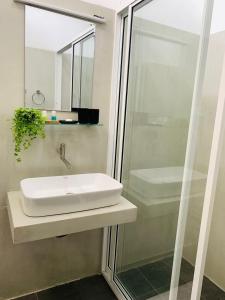 康提Everdew Kandy Rooms的浴室配有白色水槽和淋浴。