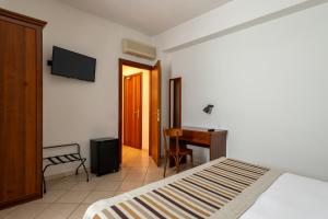 曼托瓦阿卡萨棣冈萨加酒店的一间卧室配有一张床、一张书桌和一台电视