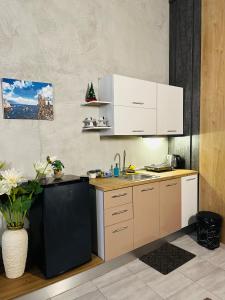都拉斯Colombia Apartments&Rooms的厨房配有白色橱柜和黑色冰箱。