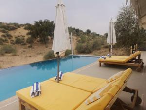 ShaitrāwaDhora Desert Resort, Signature collection by Eight Continents的一个带2把躺椅和遮阳伞的游泳池