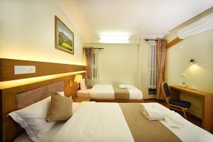 加德满都Green Hill Apartment Kathmandu的酒店客房配有两张床和一张书桌