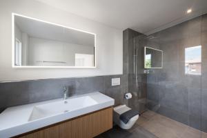 MattenNeubauwohnung mit Lift in Matten的一间带水槽、卫生间和镜子的浴室