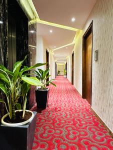 班加罗尔ROYAL ACE LUXUR的一条有植物和红地毯的酒店走廊