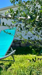 SERRA DI FIUMORBOles bungalows de Lisa Maria的蓝伞,坐在树边的草上