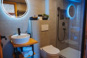 戈雷尼斯卡地区采尔克列Med smrekami - Studio apartment with Chalet, Sauna and Jacuzzi的一间带水槽、淋浴和卫生间的浴室
