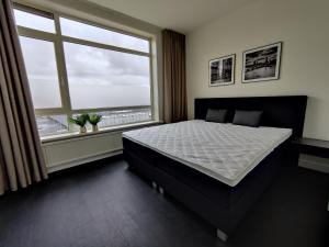 埃因霍温K50167Spacious and modern apartment near the city center, free parking的一间卧室设有一张床和一个大窗户