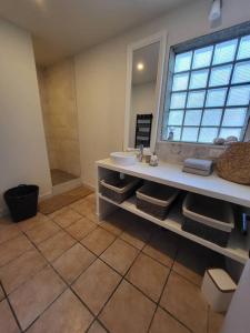 RadonvilliersL'OREE DES LACS, Maison de village tout confort的一间带水槽和大镜子的浴室
