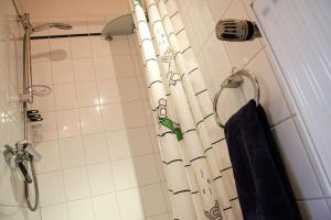 罗斯托克Weitblick-Loft mit Terrasse的浴室内带毛巾的浴帘