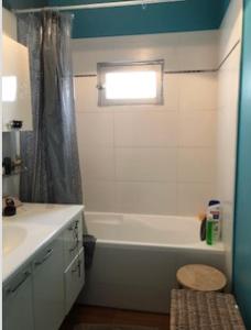 梅里尼亚克chambre au calme avec salle de bain privée的一间带白色浴缸、水槽和窗户的浴室