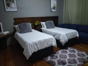 德班Inkanyezi guest house的一间卧室配有两张床和蓝色的沙发