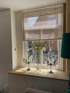 登霍伦Het Heertje的一间设有窗户的房间,桌子上有一个花瓶