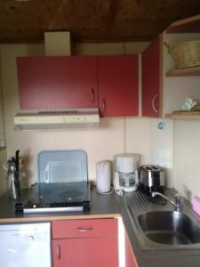 Clairvaux-dʼAveyronla Frégière Chalets的一个带红色橱柜和水槽的小厨房