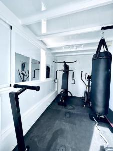 普拉亚布兰卡Lovely Villa Sanmar, heated pool的一间设有健身房的房间,配有两个跑步机和机器