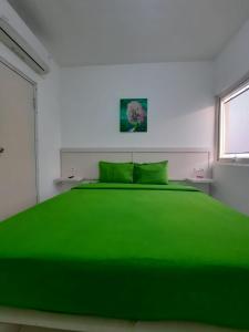 当格浪Barata Hotel by Nature's的白色客房的一张绿色床,设有窗户