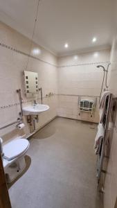 LlanyreBell Country Inn的浴室设有2个水槽、卫生间和镜子。