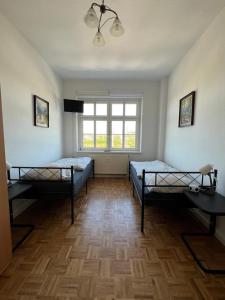 德累斯顿Sweet Home Inside Dresden Rooms的客房设有两张床和窗户。