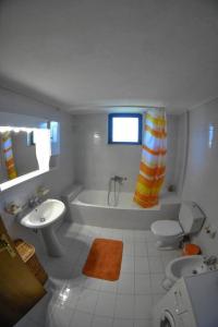 KalyviaLake Plastira Lodge的带浴缸、盥洗盆和卫生间的浴室