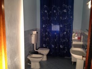 蓬泰代拉Stanza Bellaria的浴室设有2个卫生间和蓝色的浴帘