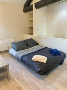 布雷斯地区布尔格Studio climatisé proche gare的一间卧室配有一张带蓝色床单和枕头的床。