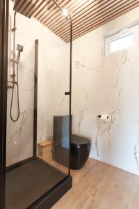 JoniecOsada Joniec的一间带黑色卫生间和淋浴的浴室