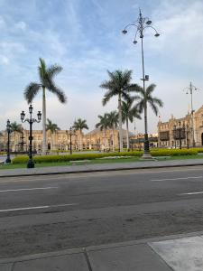 利马Most Central Place in Lima的一座空荡荡荡的街道,在一座建筑前有棕榈树