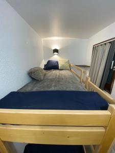 阿沃里亚兹Antarès Location Avoriaz的一间卧室配有一张带蓝色床罩的床