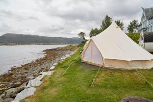 SandtorvSandtorgholmen Glamping的水边的草上坐着一个白色帐篷