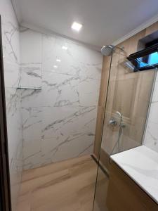 BratsigovoGuest House EGO的一间设有白色大理石墙壁和淋浴的浴室