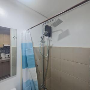 达斯马里尼亚斯Homely Green 2 Residences T2的带淋浴和浴帘的浴室