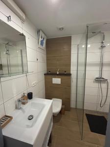 布鲁塞尔Elegance & Comfort Brand New Apartment near to Atomium的浴室配有卫生间、盥洗盆和淋浴。