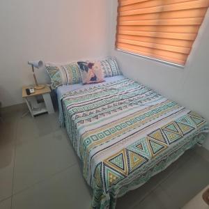 达斯马里尼亚斯HOMELY @ Green 2 Residences SMDC DLSUMC的一间卧室配有一张带毯子的床和窗户