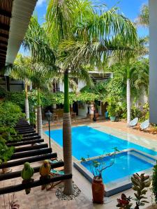 圣玛尔塔Camali Hotel的一座棕榈树游泳池毗邻度假酒店