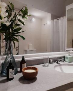 科洛尼亚-德尔萨克拉门托Casa Blanca的一间带水槽和花瓶的浴室