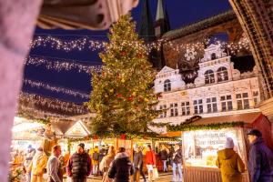吕贝克IntercityHotel Lübeck的一座建筑前的圣诞树市场