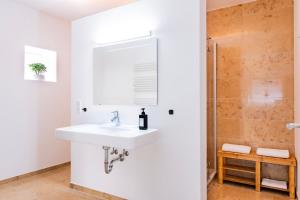 梅明根stycoz: Modernes Loft in der historischen Altstadt Memmingen的白色的浴室设有水槽和淋浴。