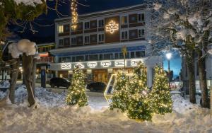 英格堡阿尔卑斯俱乐部酒店的一座建筑物前一条有圣诞树的雪街道