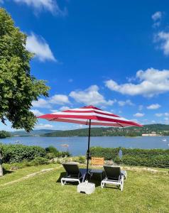 LoučoviceLipno Villa Beach - Lipno Stausee - Lakeside的两把椅子和一个红白的伞在草地上