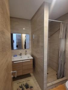 西迪布克纳德尔Appartement Plage des Nations Prestigia Front Mer avec grand Jardin的带淋浴、盥洗盆和镜子的浴室