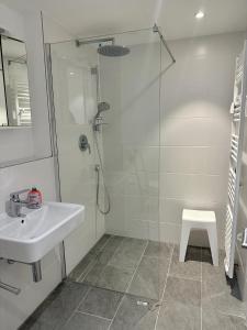 施利尔塞Apartment Sonnenschwan的白色的浴室设有水槽和淋浴。