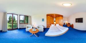 阿尔戈伊地区伊斯尼林德霍厄酒店的酒店客房带大床和蓝色地毯